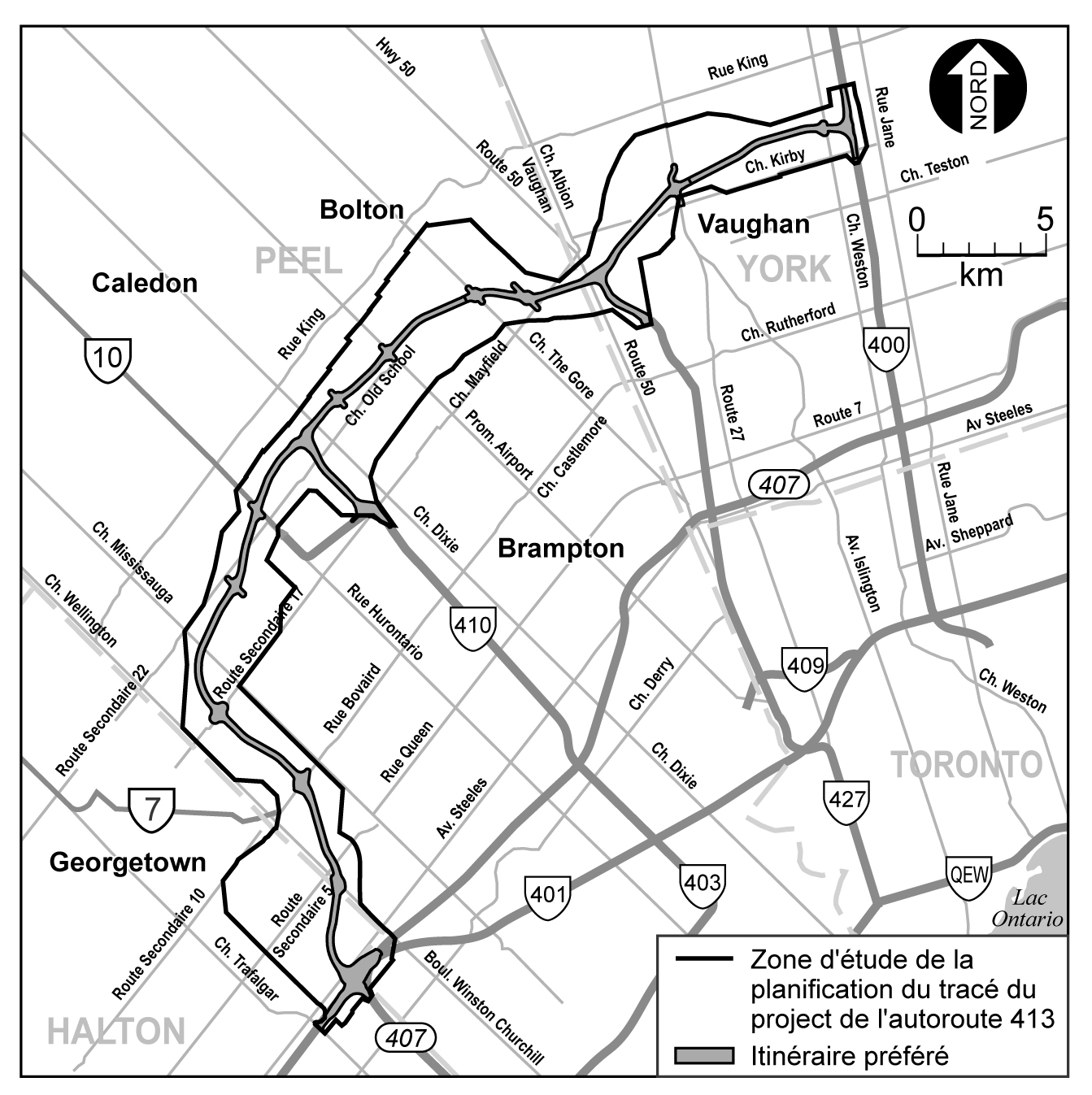 Zone d'étude de la planification du tracé du project de l'autoroute 413