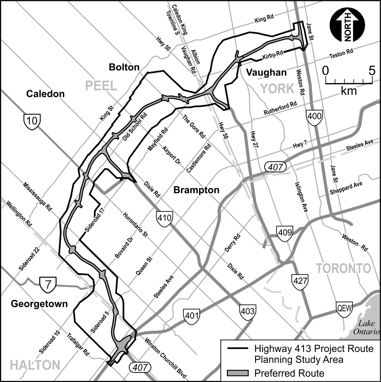 Map showing Highway 413 Route Planning Study Area